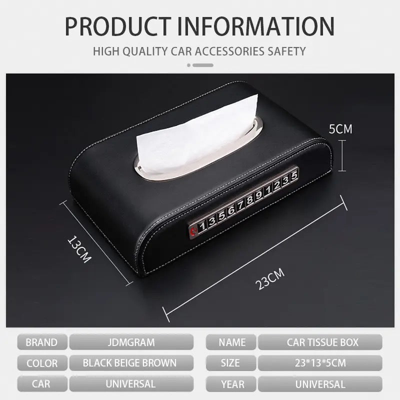 2in1 Car Tissue Box With Temporary Parking Phone Number Plate Leather Universal Napkin Paper Holder Case Auto Accessories