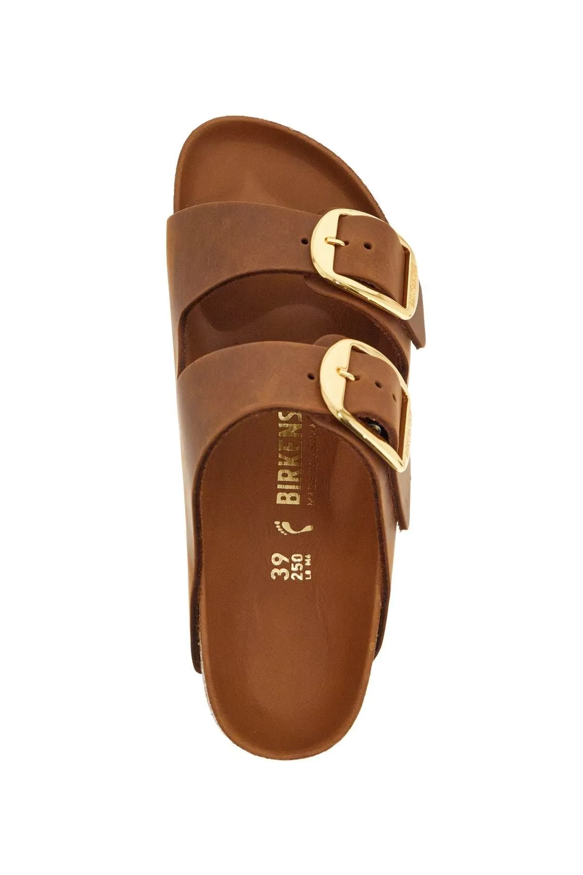 Birkenstock Oiled Leather Cognac Slippers With Large Golden Buckles