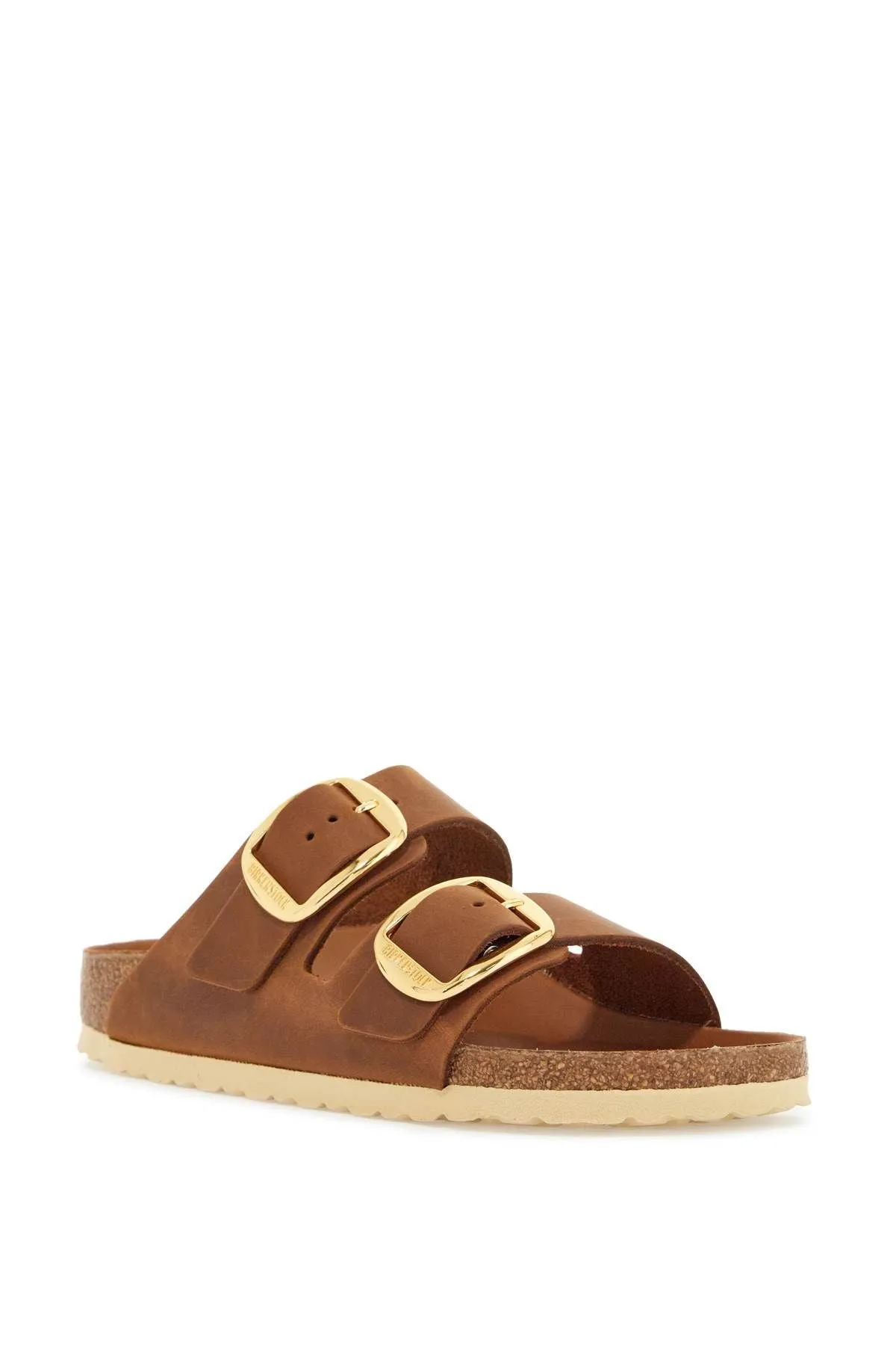 Birkenstock Oiled Leather Cognac Slippers With Large Golden Buckles