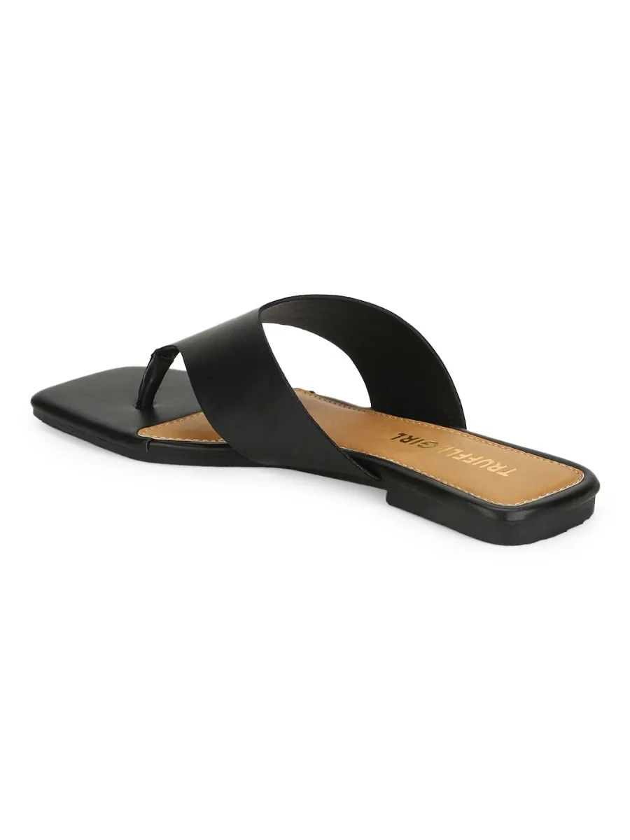 Black PU Square Toe Flip Flop Slippers