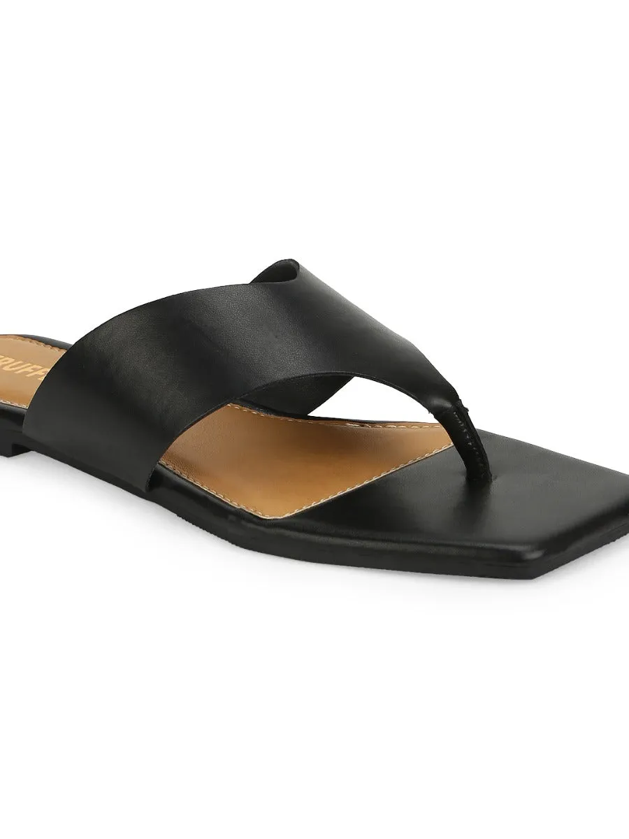 Black PU Square Toe Flip Flop Slippers