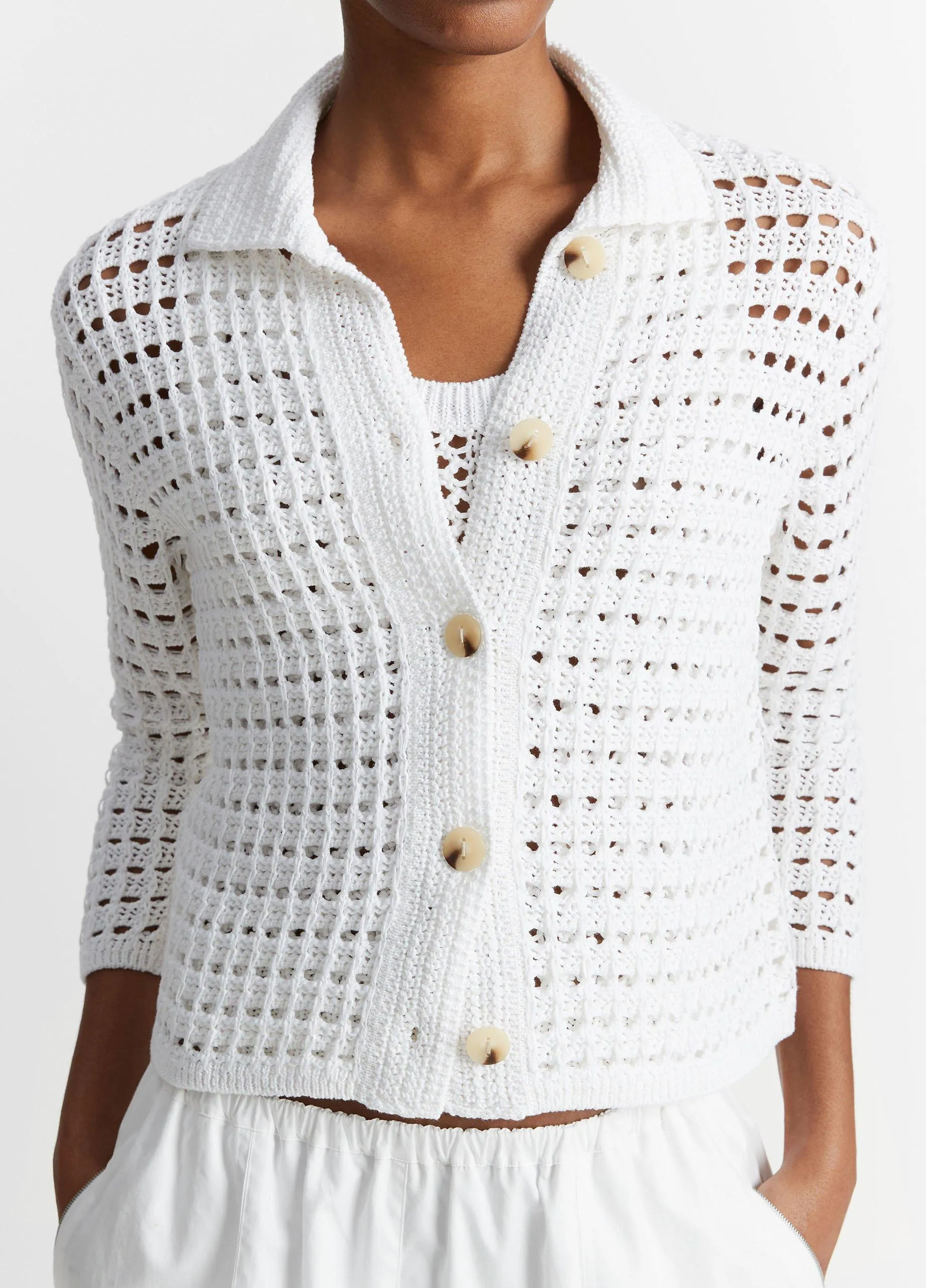 Block-Stitch Cotton Three-Quarter-Sleeve Cardigan