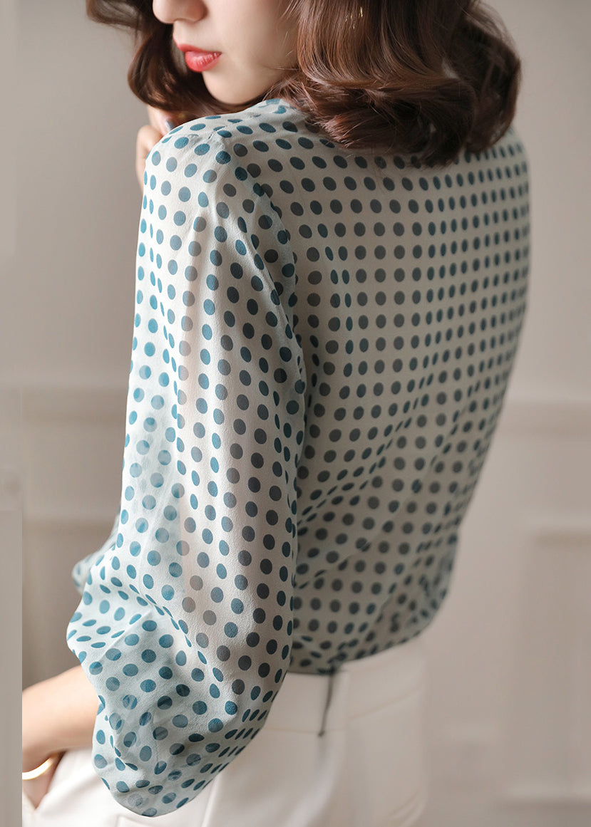 Blue Button Print Chiffon Shirt Peter Pan Collar Long Sleeve AS1098