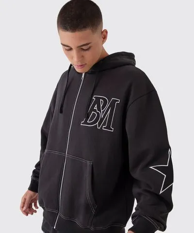 boohoo Mens Oversized Contrast Stitch Bm Star Applique Zip Through Hoodie