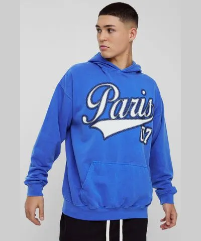 boohoo Mens Oversized Puff Print Paris Washed Hoodie