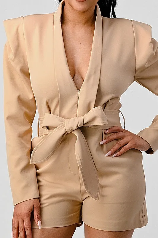 Business casual blazer romper with belt