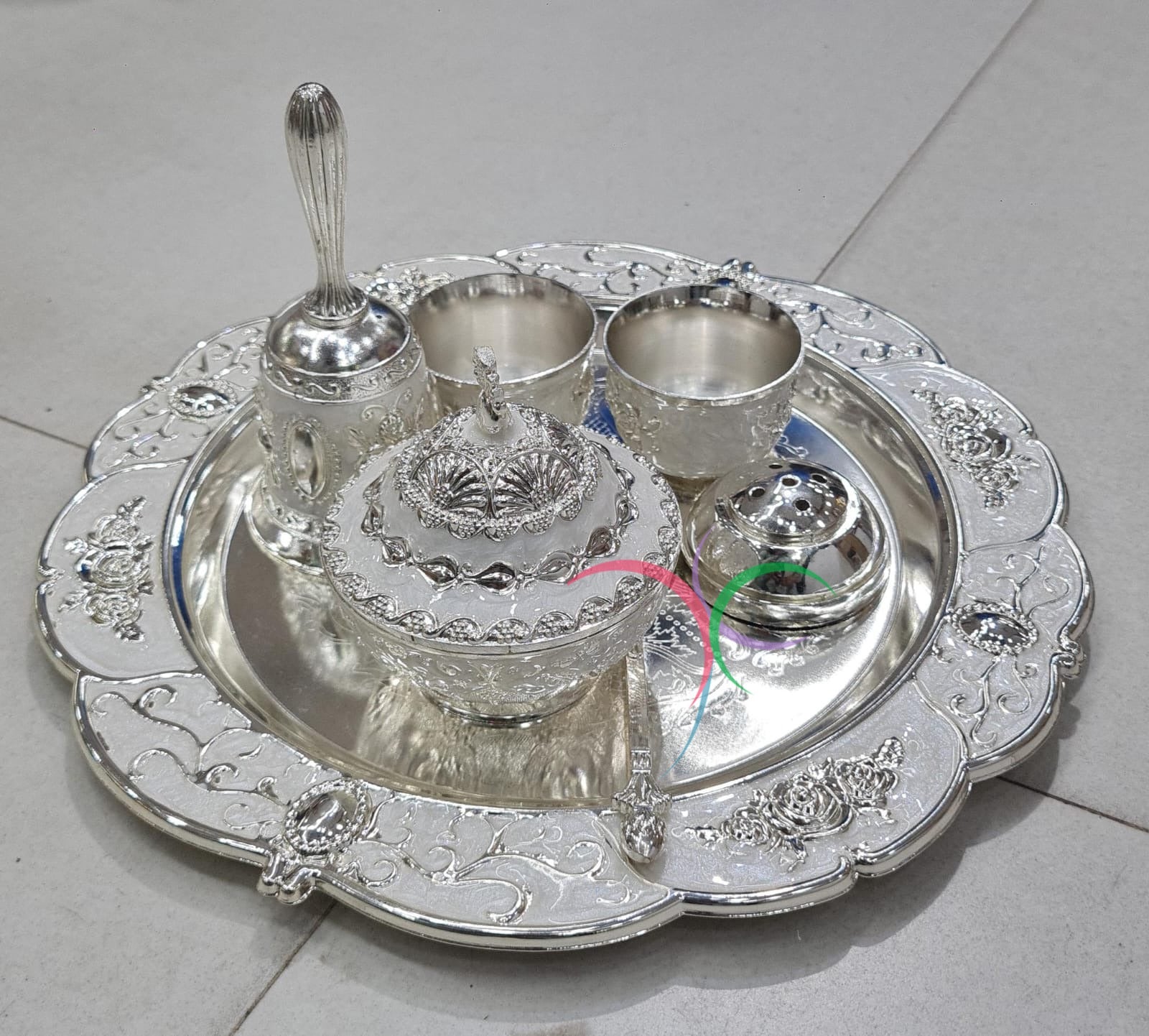 Exclusive collection for festive season Puja Celebrations White Enamel German Silver Pooja Set (14 inch )-USS001WEB