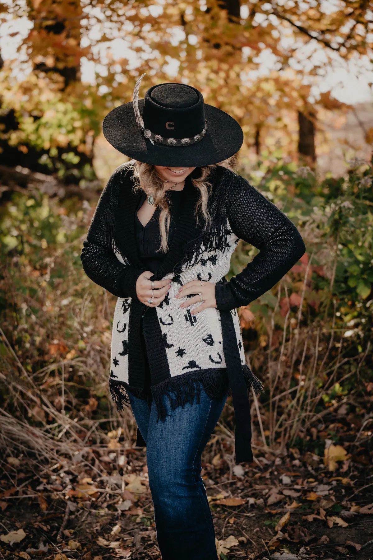 'Glacier' Black and White Rodeo Print Cardigan with Fringe (XS-XXL)