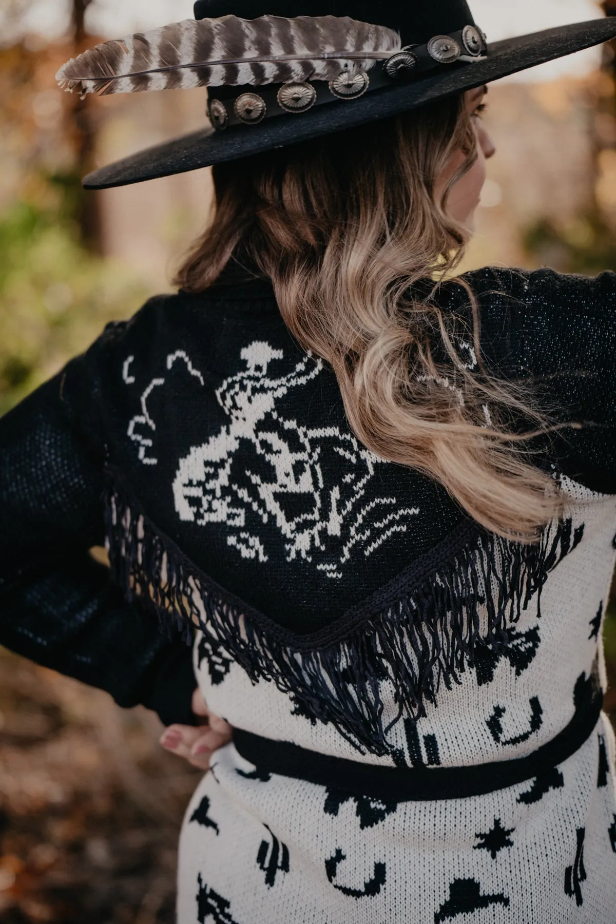 'Glacier' Black and White Rodeo Print Cardigan with Fringe (XS-XXL)