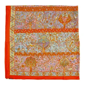 Hermès Orange and Blue Au Pays des Oiseaux Fleurs Cashmere and Silk Shawl 140