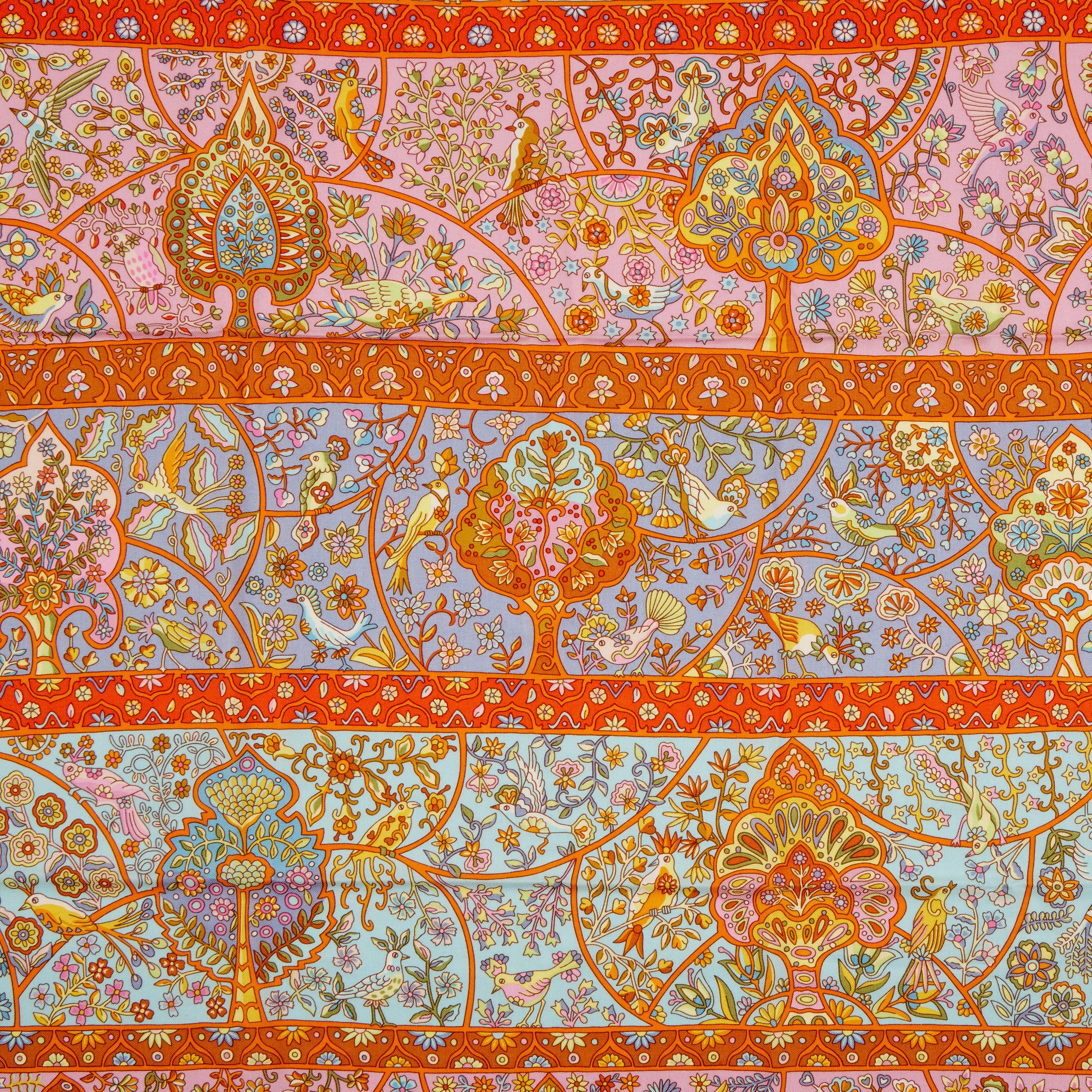 Hermès Orange and Blue Au Pays des Oiseaux Fleurs Cashmere and Silk Shawl 140