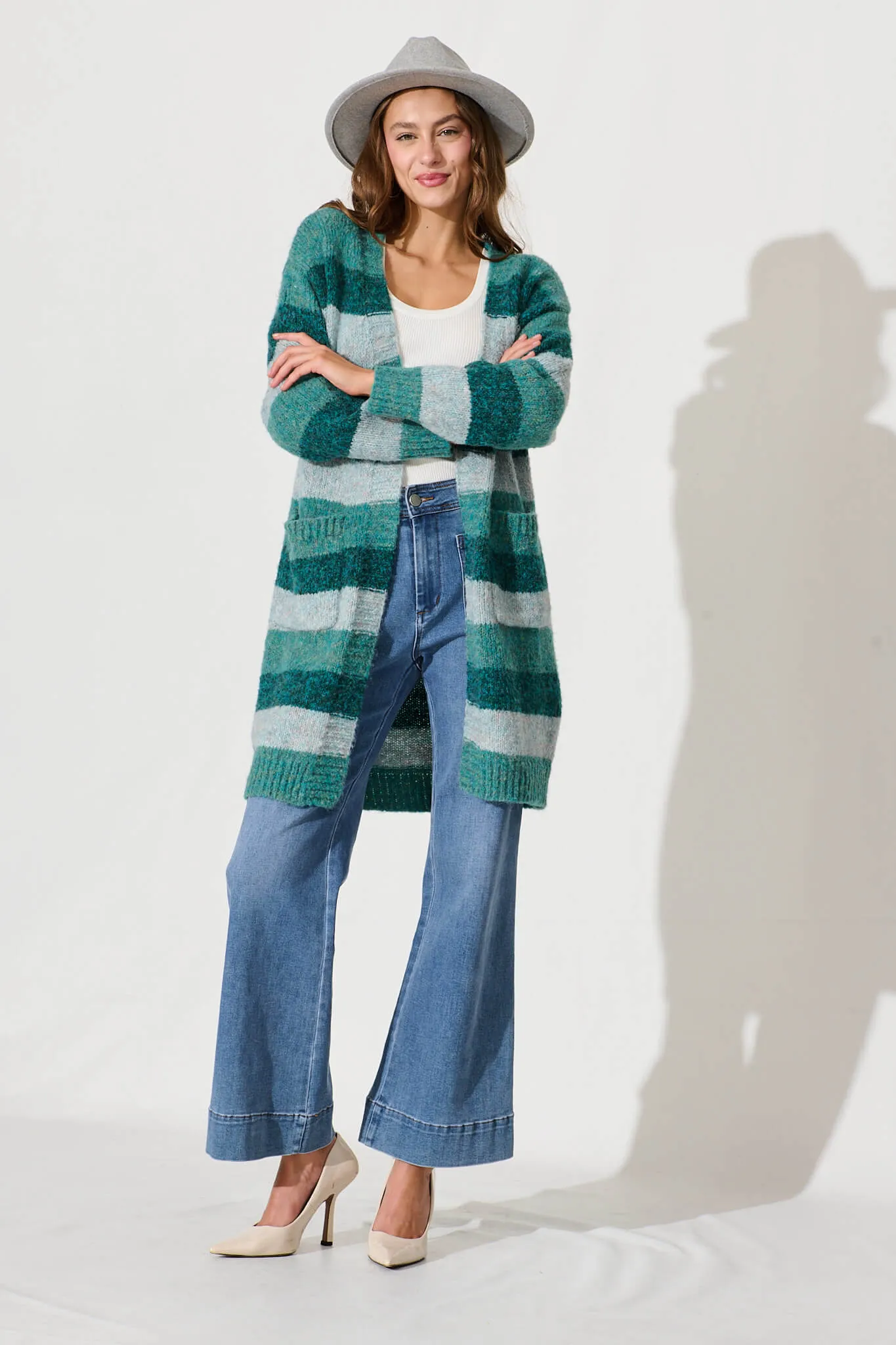 Lydia Knit Cardigan In Multi Green Stripe Wool Blend