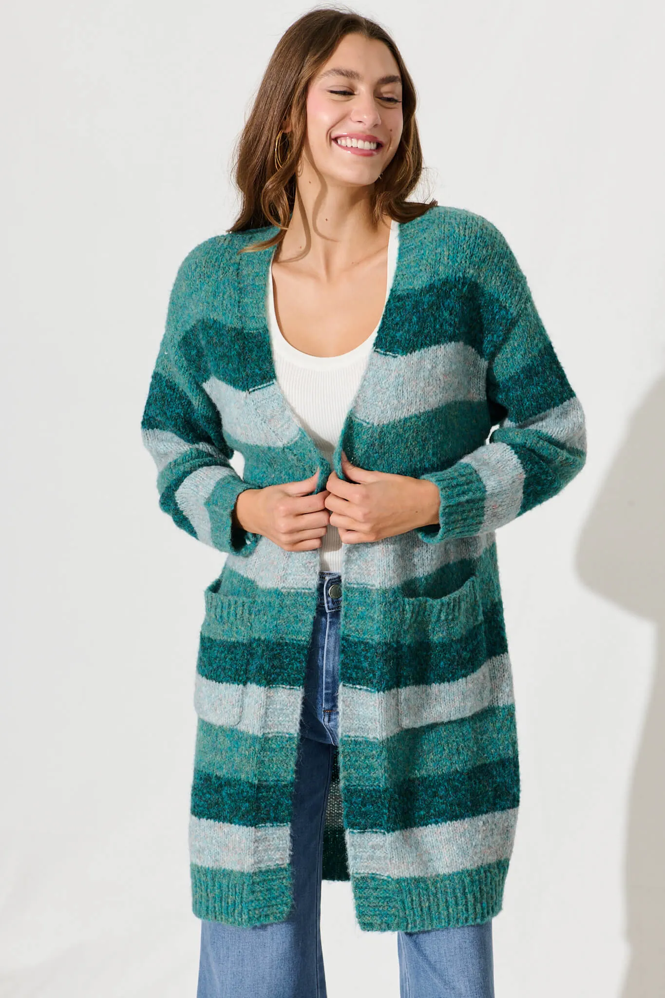 Lydia Knit Cardigan In Multi Green Stripe Wool Blend