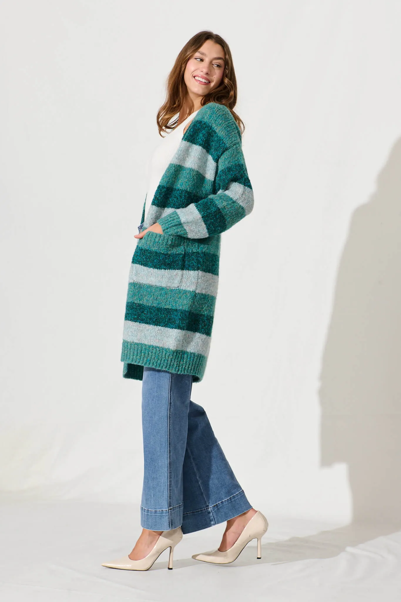 Lydia Knit Cardigan In Multi Green Stripe Wool Blend