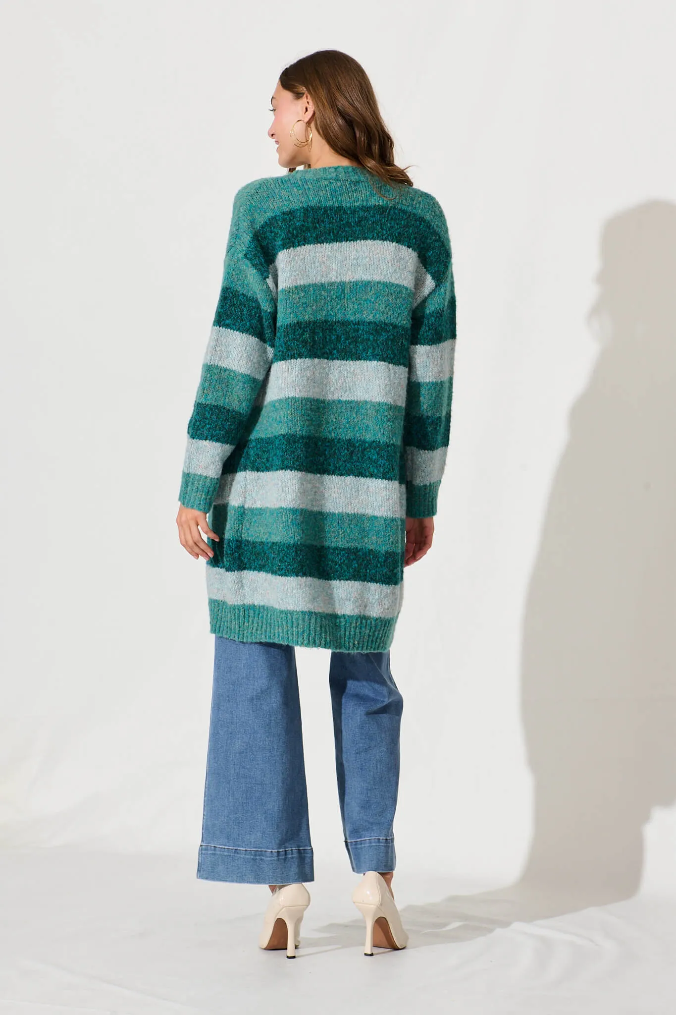 Lydia Knit Cardigan In Multi Green Stripe Wool Blend