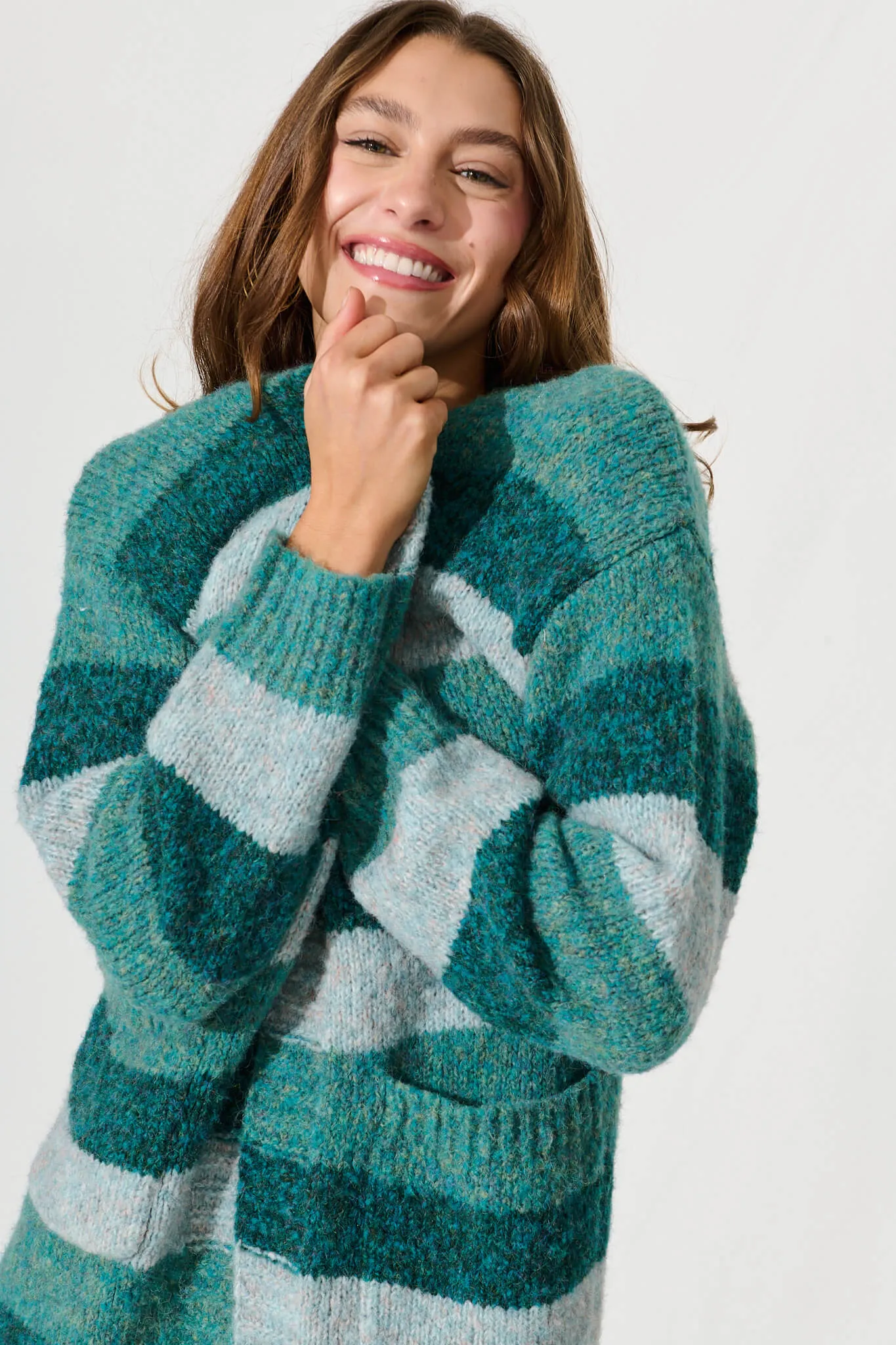 Lydia Knit Cardigan In Multi Green Stripe Wool Blend