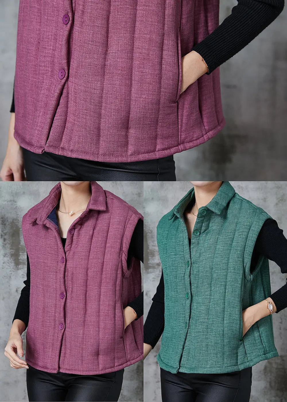 Modern Purple Peter Pan Collar Pockets Fine Cotton Filled Vests Spring JK1050