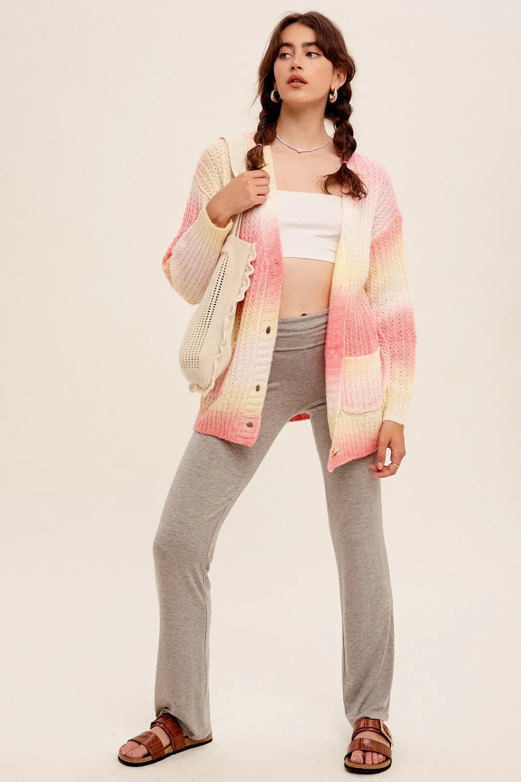 Pink Multi Gradation Button Down Knit Cardigan Sweater