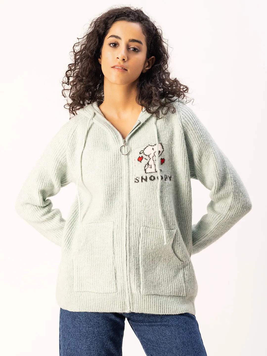 Snoopy Knit Hoodie-Green