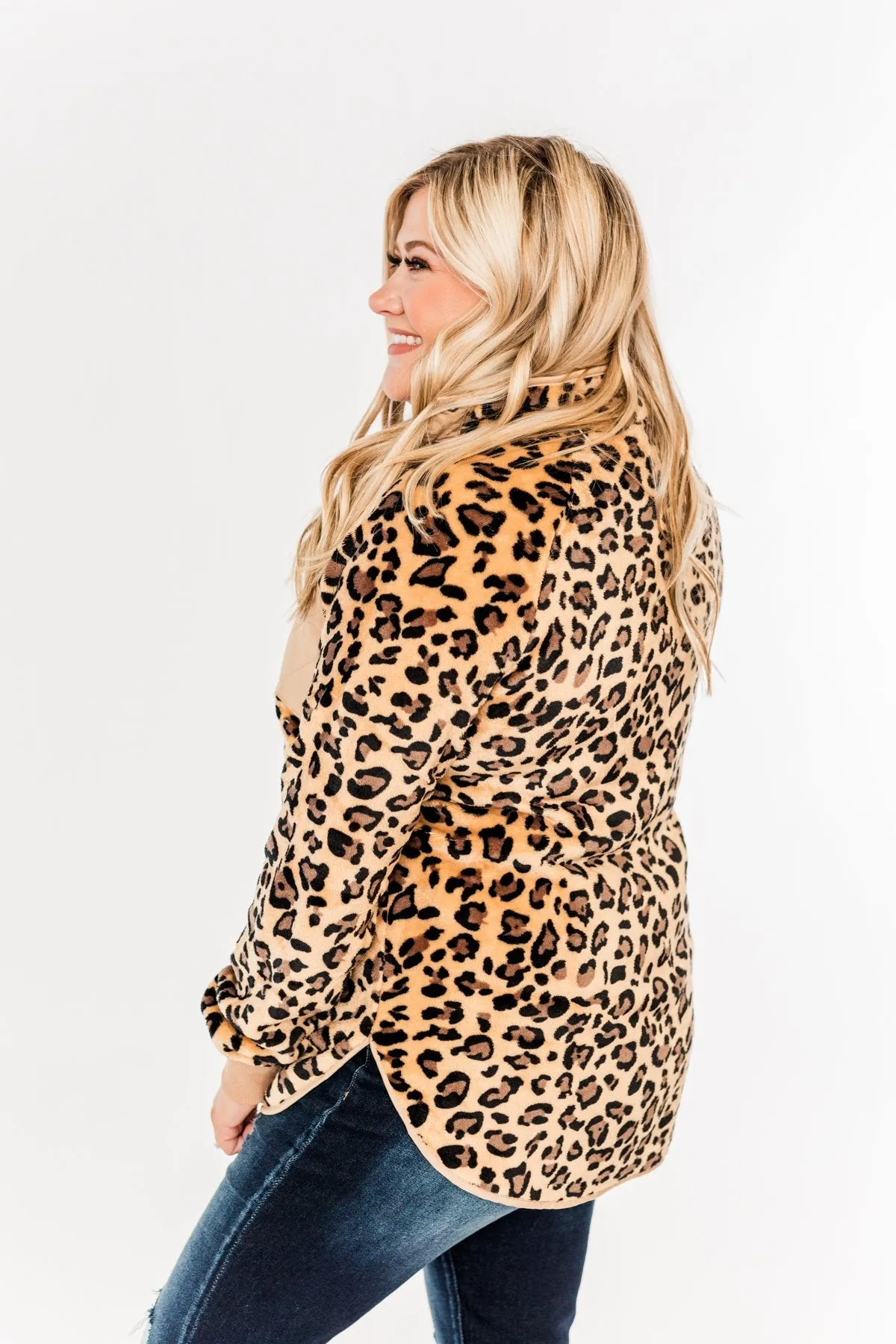 Someday Soon Quarter Button Leopard Sherpa- Tan