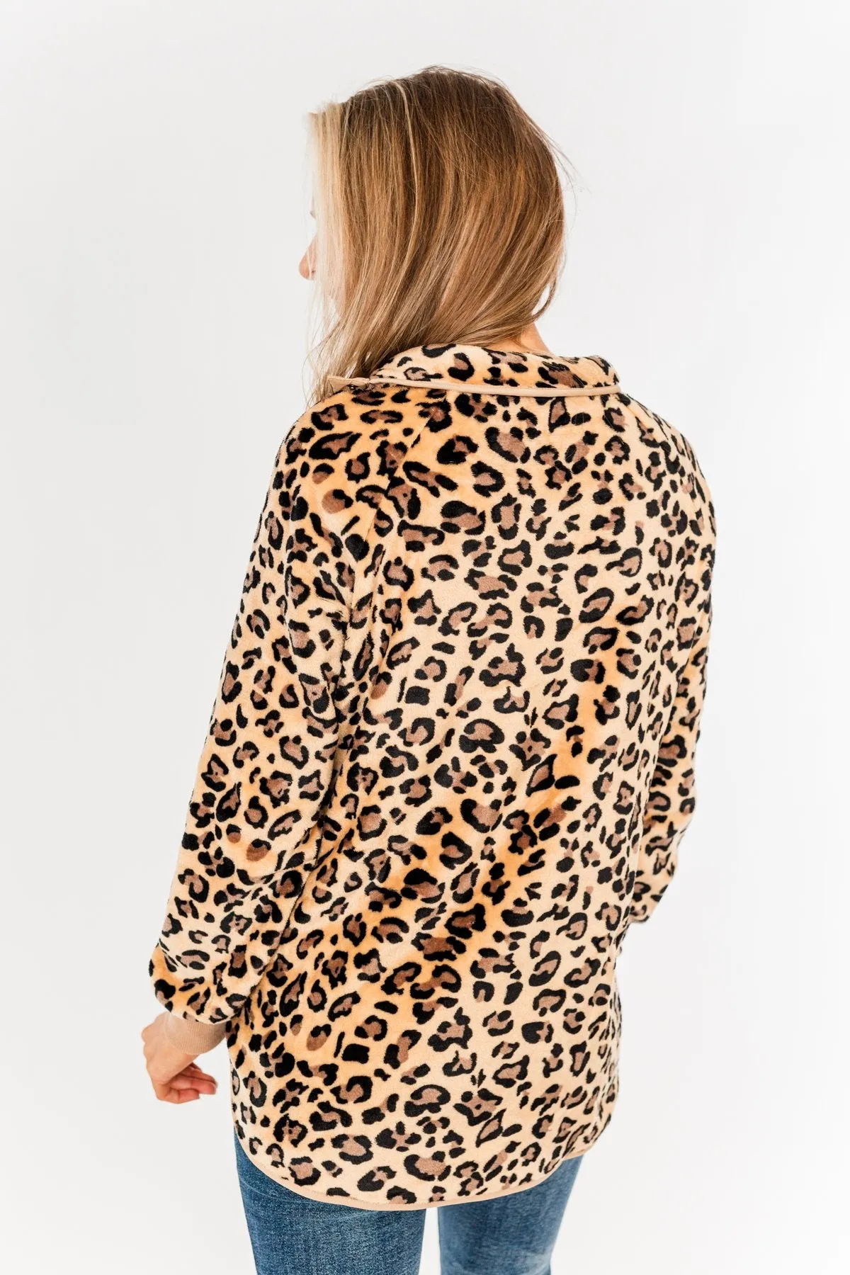 Someday Soon Quarter Button Leopard Sherpa- Tan