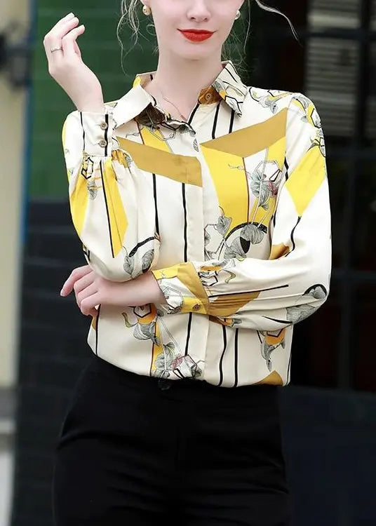 Stylish Yellow Peter Pan Collar Print Silk Shirt Long Sleeve CG1017