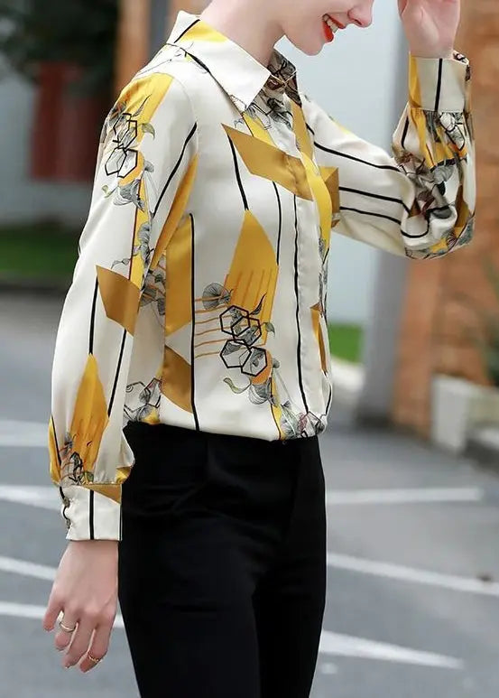 Stylish Yellow Peter Pan Collar Print Silk Shirt Long Sleeve CG1017