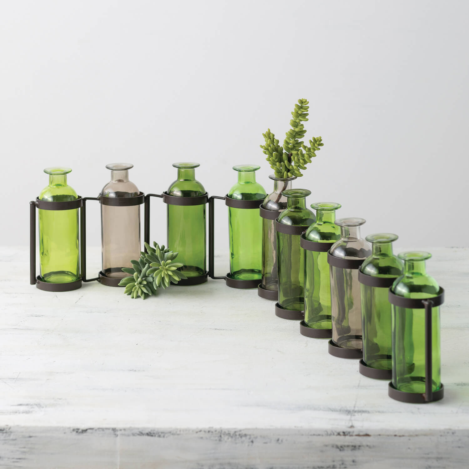 Ten Glass Bottle Vase Set