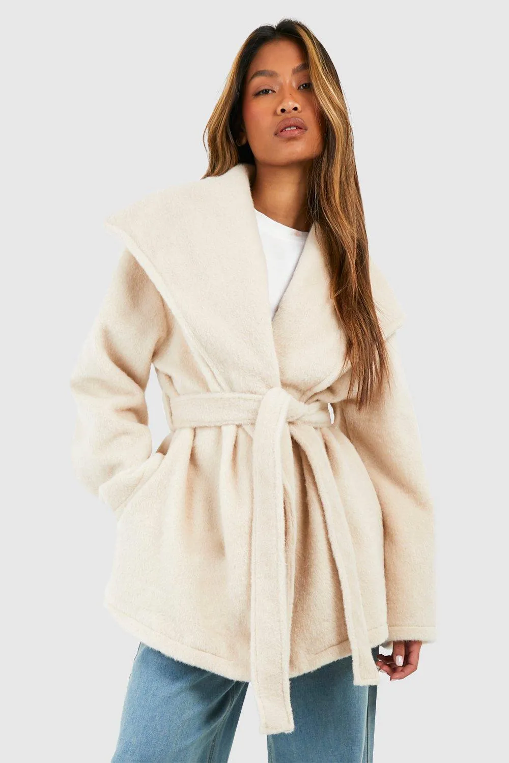 Textured Shawl Collar Belted Longline Wool Look Coat