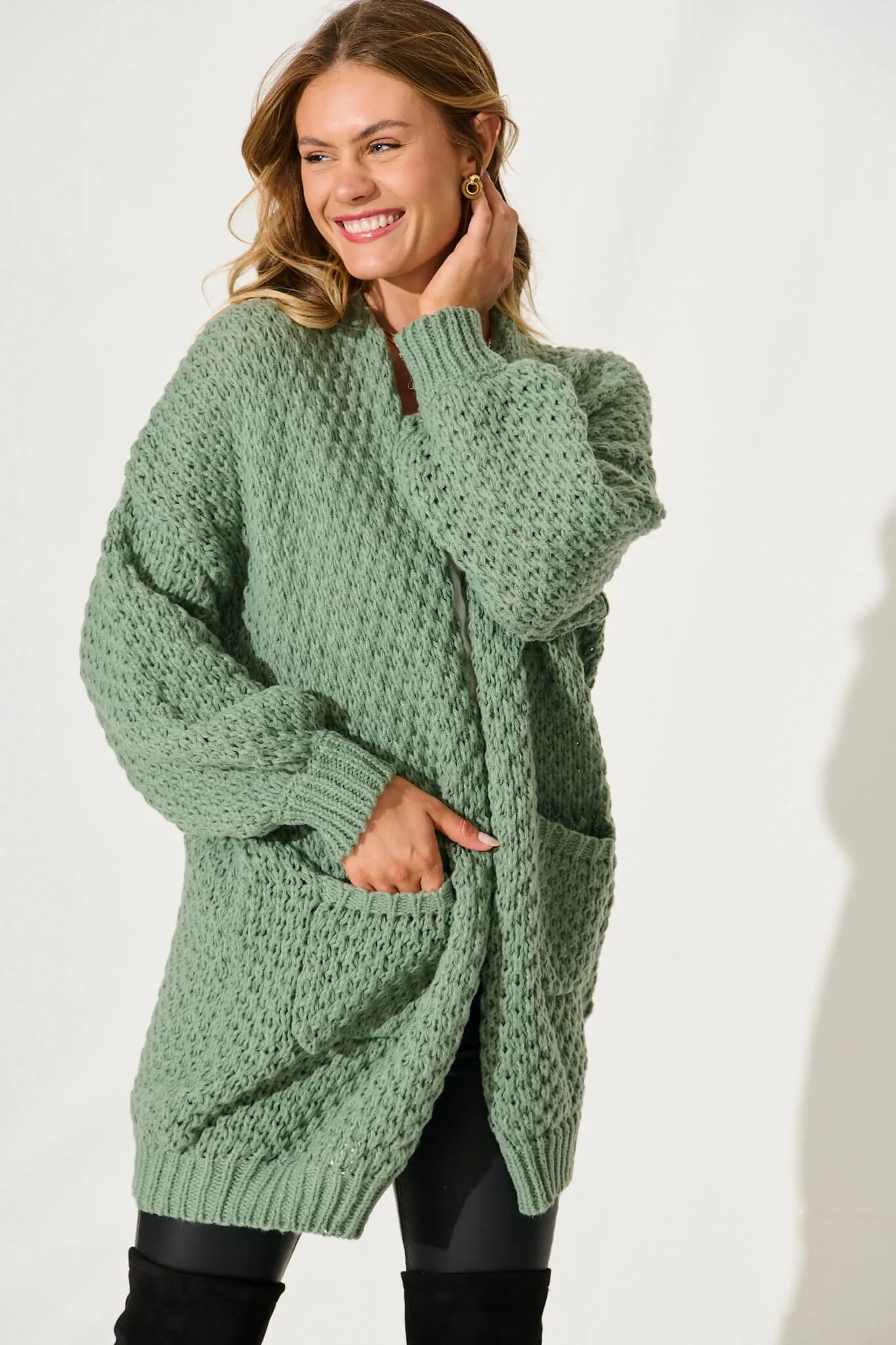 Tranquil Knit Cardigan In Pale Green Wool Blend