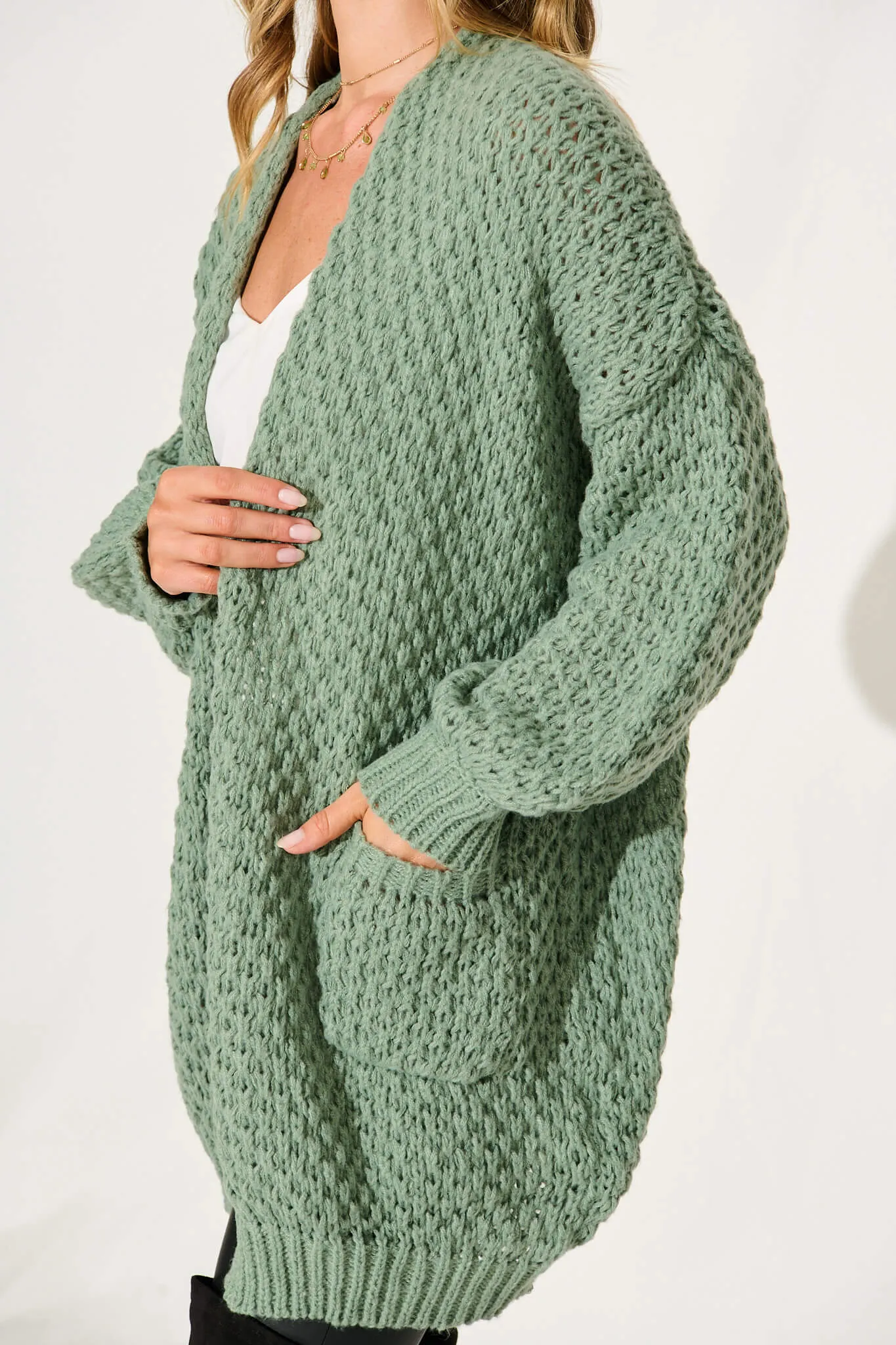 Tranquil Knit Cardigan In Pale Green Wool Blend