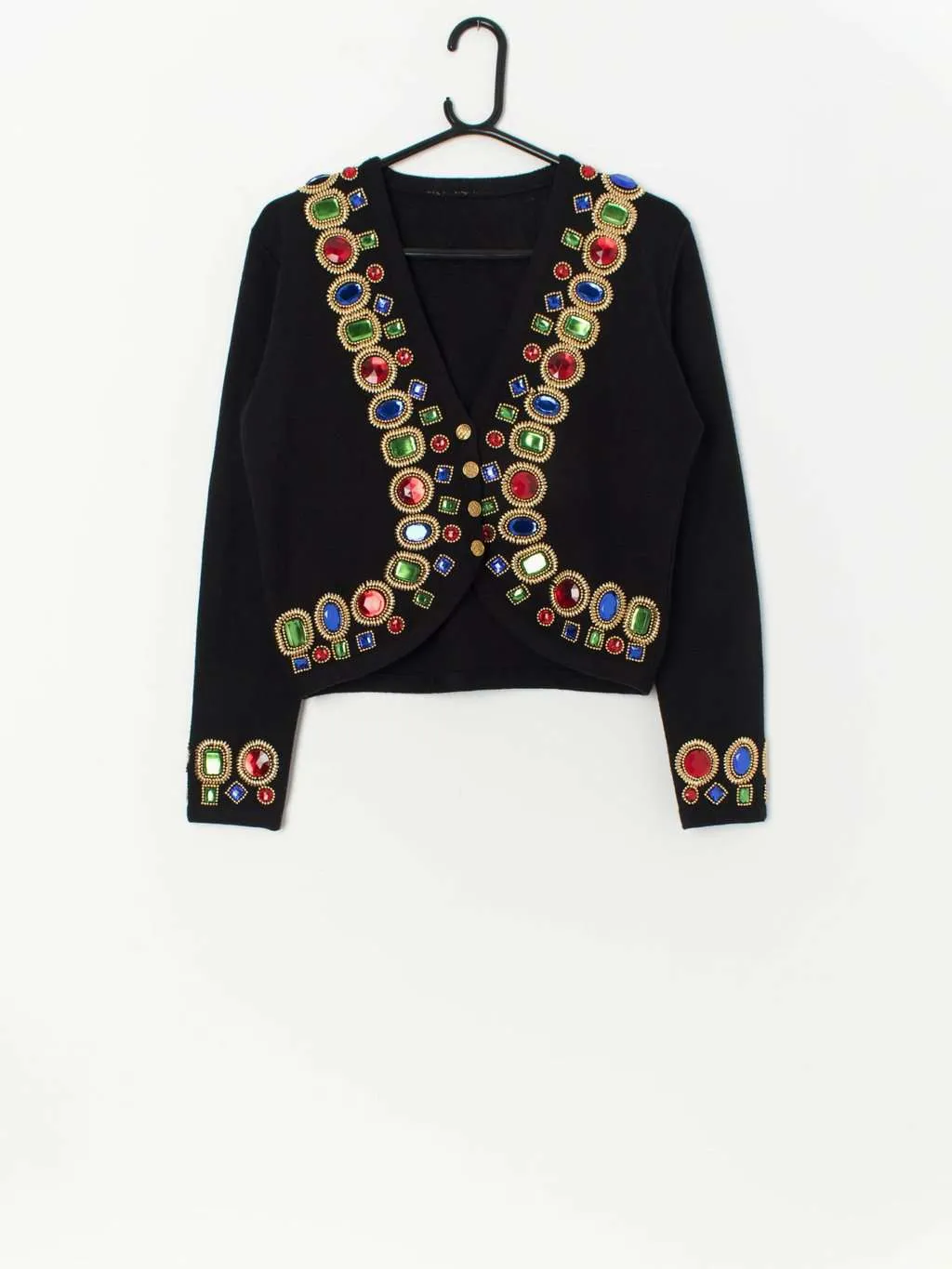 Vintage black beaded cardigan with stunning multi-coloured faux jewels – Medium