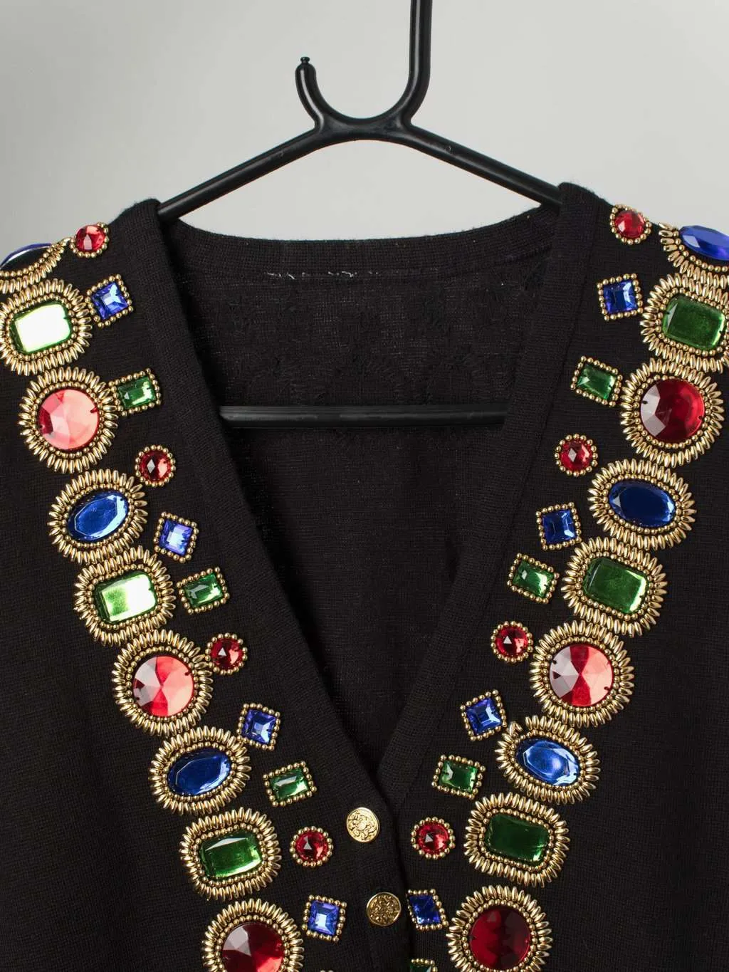 Vintage black beaded cardigan with stunning multi-coloured faux jewels – Medium