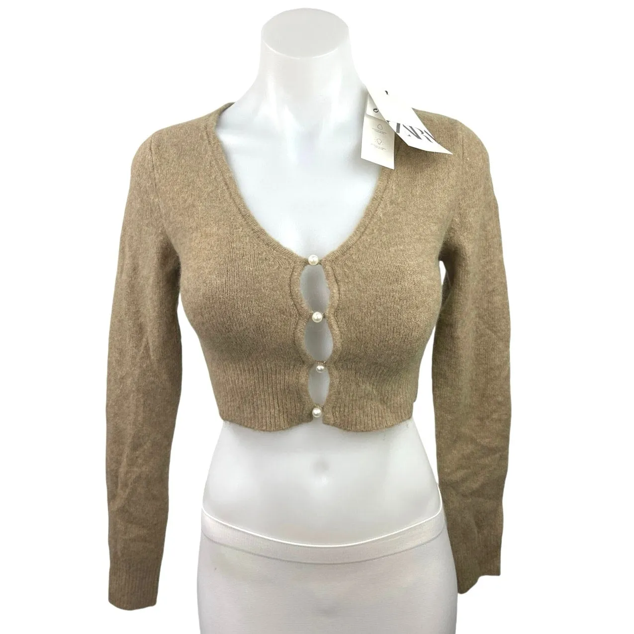 Zara NWT Tan Brown Faux Pearl Buttons Keyhole Stretch Knit Cropped Cardigan Sz S