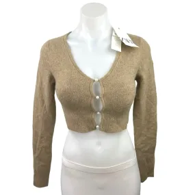 Zara NWT Tan Brown Faux Pearl Buttons Keyhole Stretch Knit Cropped Cardigan Sz S